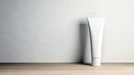 A white cosmetic tube stands on a wooden surface against a white wall. The image features soft lighting and a minimalist studio setup.