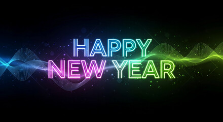 Happy New Year neon sign with colorful light waves festive greeting for holiday celebrations isolated on black background