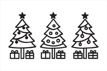 Simple black and white illustration of three christmas trees with gifts
