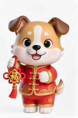 Naklejka premium Cute chibi zodiac dog in red festival clothing, holding lucky charm knot, happy expression, glossy toy figurine aesthetic, isolated on pure white background