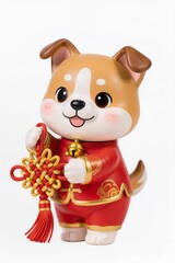 Naklejka premium Cute chibi zodiac dog in red festival clothing, holding lucky charm knot, happy expression, glossy toy figurine aesthetic, isolated on pure white background