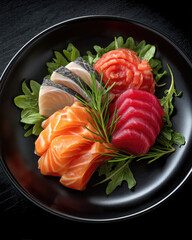 Premium sashimi platter with fresh salmon, tuna, yellowtail, and greens on black plate, elegant and appetizing presentation