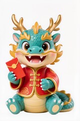 Fototapeta premium Cute chibi Chinese dragon baby wearing festive gold-trimmed robe, holding red envelope, adorable expression, glossy toy figurine style, isolated on pure white background