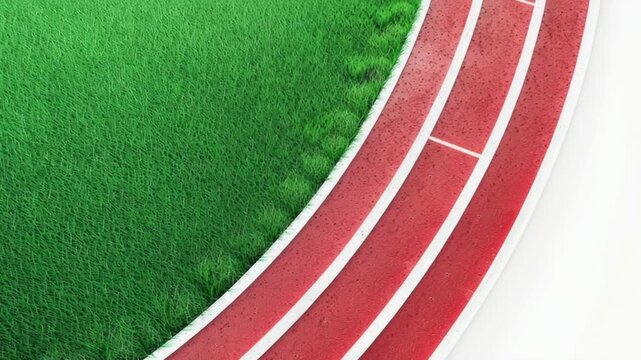 Video A red and white running track surrounded by a lush green field, perfect for outdoor sports or fitness activities