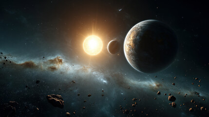 Space background with colorful nebula Galaxy Cloud. Bright galaxy shimmering neon blue purple colors with distant stars. Mysterious alien star system purple green planets orbiting a bright glowing sun