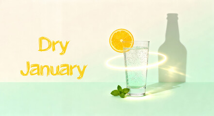 Sparkling water with citrus slice on a pastel background, with - Dry January - text and bottle shadow symbolizing alcohol‑free choices. Celebrated during January to abstain from alcohol.