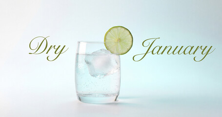 Sparkling water with citrus slice on a pastel background, with - Dry January - text symbolizing alcohol-free choices. Celebrated during January to abstain from alcohol.