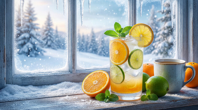 Vitamin-rich citrus drink with orange and lime slices on a snowy windowsill. Immune support against winter flu during the cold season.