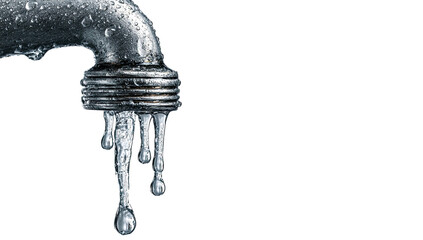 Close-up of a frozen faucet with icicles, water droplets, and detailed metallic texture