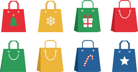 Collection of eight colorful Christmas shopping bags with festive designs gift bags presents