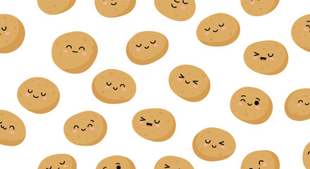 Obraz premium Fun seamless pattern of cute kawaii potato characters with a variety of happy and funny facial expressions on a white background. This charming vegetable-themed design is perfect for food packaging.