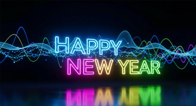Happy New Year neon sign with colorful light waves glowing text effect for holiday celebration isolated on black background