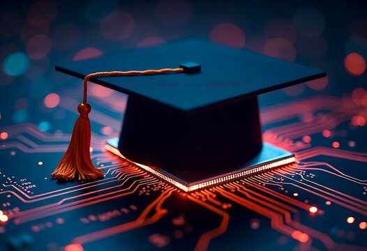 A modern graduation cap integrated with a circuit board, symbolizing digital education, AI innovation, online learning, and the future of technology-driven academic growth and intelligent career.