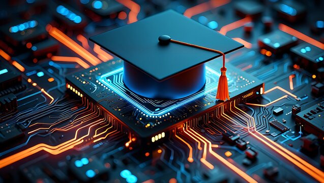 A modern graduation cap integrated with a circuit board, symbolizing digital education, AI innovation, online learning, and the future of technology-driven academic growth and intelligent career.