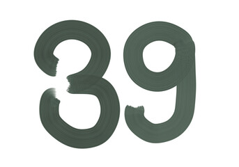 Number Thirty-nine, 39 made with Plaster Rake Brush on transparent background, Digit, Black color, Dark-green color, isolated background, Illustration, Typography, Handmade, Set 0-100