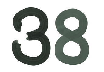 Number Thirty-eight, 38 made with Plaster Rake Brush on transparent background, Digit, Black color, Dark-green color, isolated background, Illustration, Typography, Handmade, Set 0-100