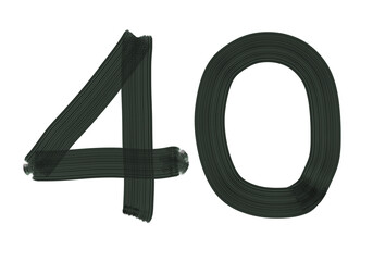 Number forty, 40 made with Plaster Rake Brush on transparent background, Digit, Black color, Dark-green color, isolated background, Illustration, Typography, Handmade, Set 0-100
