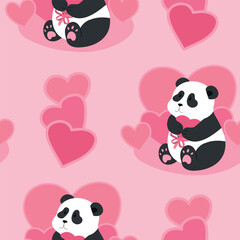 Cute baby panda holding heart seamless pattern. Cute panda bear valentine pink background. Baby vector illustration