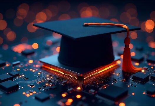 A modern graduation cap integrated with a circuit board, symbolizing digital education, AI innovation, online learning, and the future of technology-driven academic growth and intelligent career.