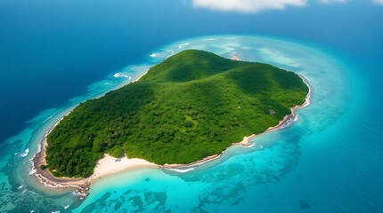 Ultra-realistic, a breathtaking aerial view of a tropical island paradise with turquoise waters lapping against white sandy beaches and lush green rainforest. High-angle shot, vibrant blues, greens.