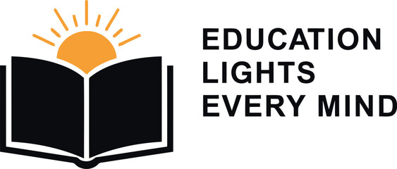 Education lights every mind concept, open book, rising sun symbol