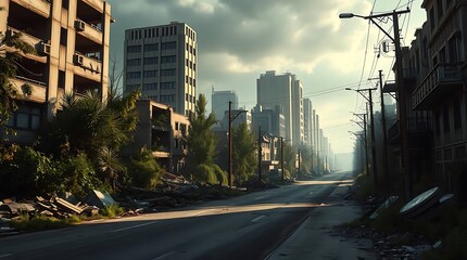 Ultra-realistic, a desolate, post-apocalyptic city street, rubble and overgrown vegetation, eerie silence, dramatic lighting, wide panorama