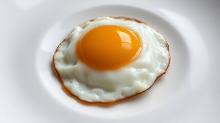 Ultra-realistic, a meticulously rendered image of a perfectly cooked sunny-side-up egg, its bright yellow yolk centered and glistening, on a plain white plate