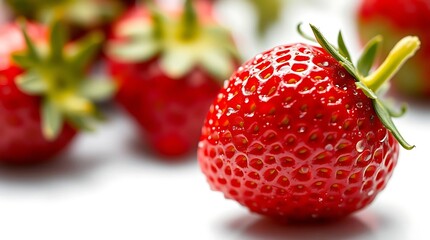 Ultra-realistic, a vibrant close-up of a single ripe strawberry, glistening with dew drops, on a stark white background, macro photography
