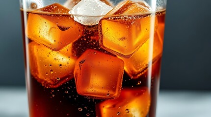 Ultra-realistic, a tall glass of effervescent cola with ice cubes, subtle carbonation bubbles rising, sharp focus on the beverage, commercial food styling