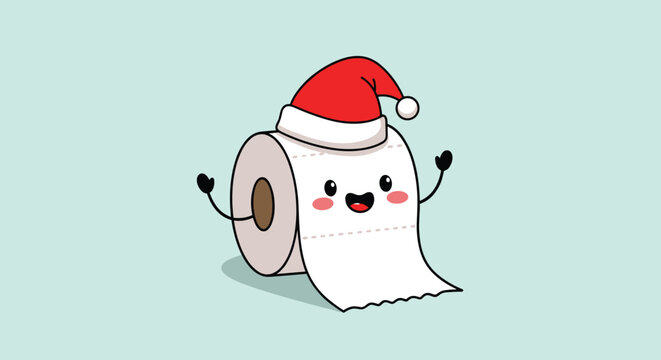 Festive and funny kawaii toilet paper roll character wearing a Santa hat, waving happily on a soft teal background for Christmas.