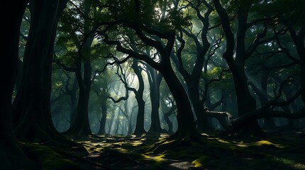 Ultra-realistic, dense forest, dappled sunlight filtering through a canopy of ancient trees, moss-covered ground, a sense of deep stillness
