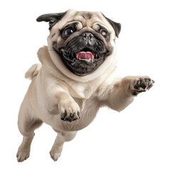 Fototapeta premium Happy pug jumping in the air with excitement