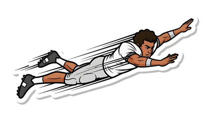 Dynamic illustration of a rugby player diving forward with speed lines indicating motion and determination on a white background