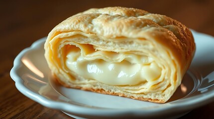 Ultra-realistic, detailed rendering of a delicate pastry with flaky layers and a creamy filling, presented on a white porcelain dish, with soft, diffused lighting highlighting its intricate details