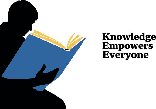 Silhouette reading book with "knowledge empowers everyone" message
