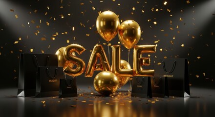 Golden celebratory balloons and shopping bags advertise a major commercial discount event