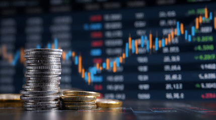 Stacked silver and gold coins against financial data stock market
