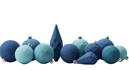 Ultra-photorealistic macro shot of high-end, matte velvet christmas baubles and geometric polyhedra in deep blue and teal gradient, on a transparent background. Concept for luxury holiday advertising