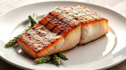 Ultra-realistic, detailed rendering of a grilled salmon fillet, its skin crispy and seared, flaky flesh glistening, served with asparagus spears on a minimalist white plate
