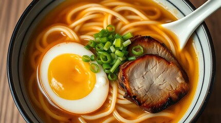 Ultra-realistic, top-down shot of a steaming bowl of ramen, featuring tender noodles, a perfectly cooked egg, slices of char siu pork, and fresh green onions in a rich broth, with a matte finish
