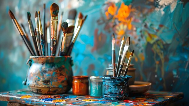 Art studio still life with paintbrushes and jars of color - Powered by Adobe