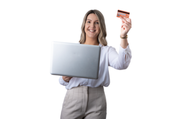Woman shopping online holding laptop and credit card