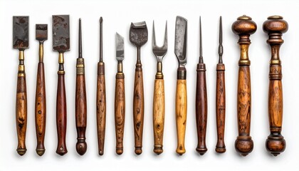 “A neatly arranged set of vintage woodworking tools with polished wooden handles displayed on a rustic surface.”