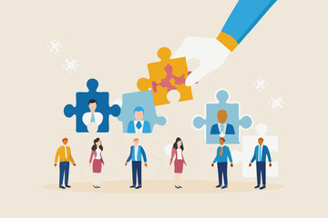 Teamwork and collaboration concept with puzzle pieces and diverse professionals