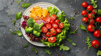 Fresh and healthy vegetarian salad with cherry tomatoes and broccoli