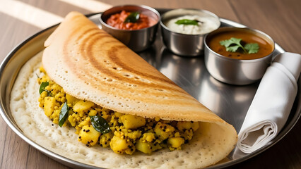 Crispy masala dosa served with sambar and chutney on a plate