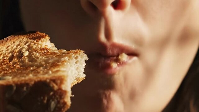 Close up of woman eating toast with peanut butter spread