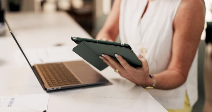 Woman, hands and typing on tablet in home for project draft, editing article and creative process. Remote work, freelance writer and laptop for proofreading with editor feedback for story development