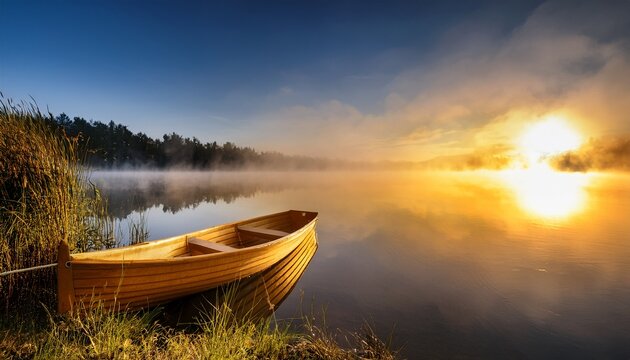 long exposure photography reveals a breathtaking sunrise foggy lake and golden boat - Powered by Adobe