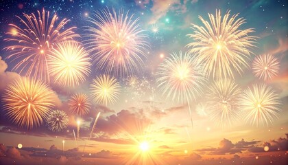 Spectacular sky filled with bright fireworks illuminating the sunset with clouds